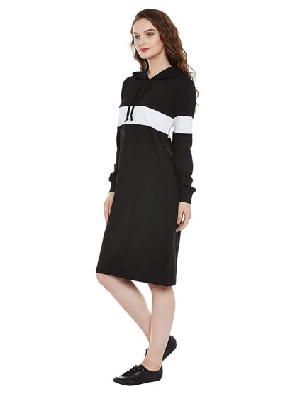 Women’s Black Knee Length Regular Fit Cotton Hoodie Dress