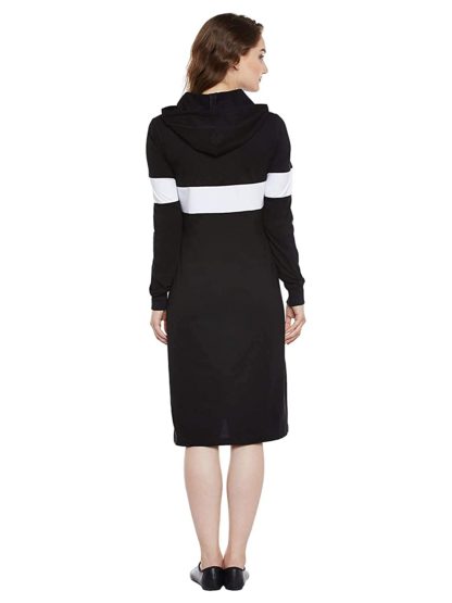 Women’s Black Knee Length Regular Fit Cotton Hoodie Dress