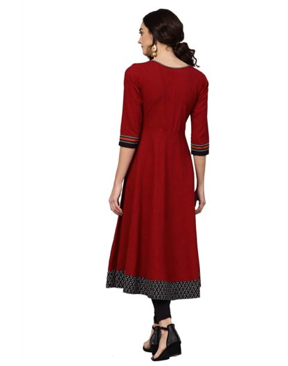Women's Red Cotton Embroidered Anarkali Kurta - Image 3