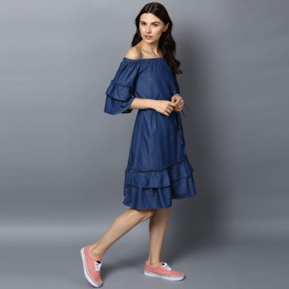 Women’s Denim Off Shoulder Knee Length Dress