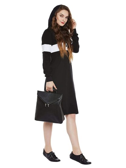 Women’s Black Knee Length Regular Fit Cotton Hoodie Dress