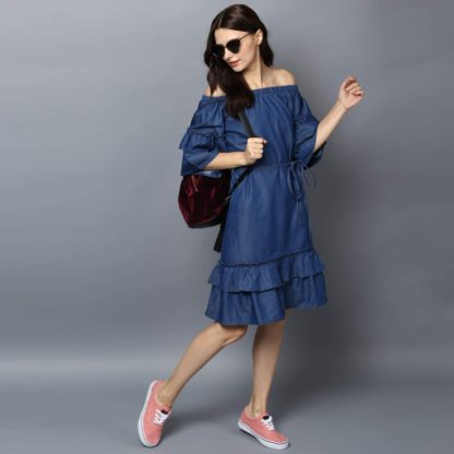 Women's Denim Off Shoulder Knee Length Dress - Image 3