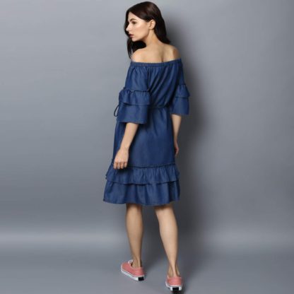 Women's Denim Off Shoulder Knee Length Dress - Image 4