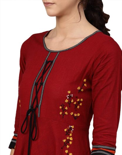 Women's Red Cotton Embroidered Anarkali Kurta - Image 4