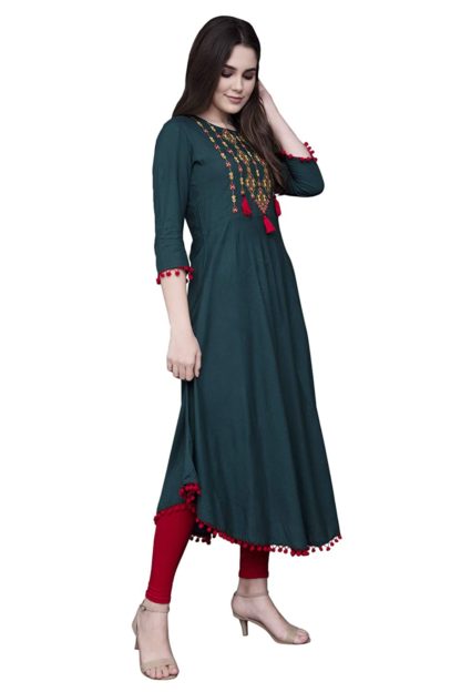 Women's Rayon Regular Embroidered PETROLGREEN Kurta - Image 3