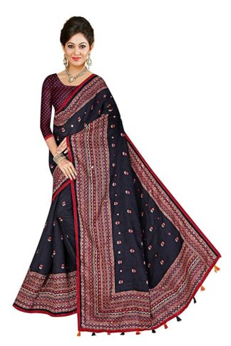 Women's Jute Black Silk Saree with Blouse Piece