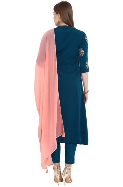 Women's Turquoise Crepe Kurta With Pant And Dupatta - Image 3