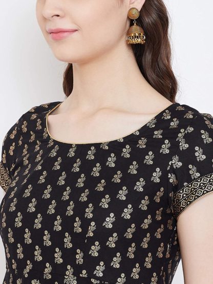 Women’s Gold Print Designer Anarkali has Round Neck, Side Zipper, Cap Sleeve, Ankle Length with one Pair of Golden Beautiful Latkan