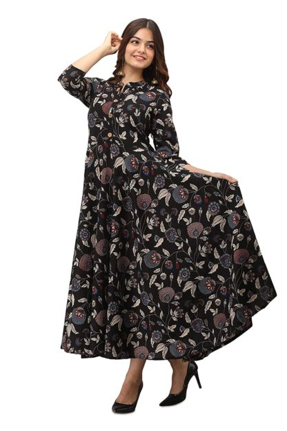 Women's Pure Cotton Printed Ethnic Floral Print Women Dress (Black) - Image 3