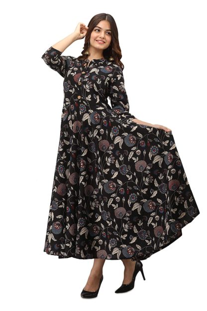 Women’s Pure Cotton Printed Ethnic Floral Print Women Dress (Black)