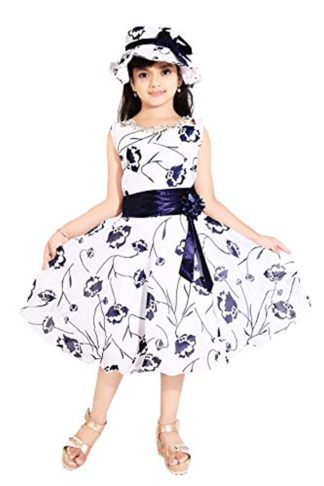 Girl Blue & White Floral Frock with Hat