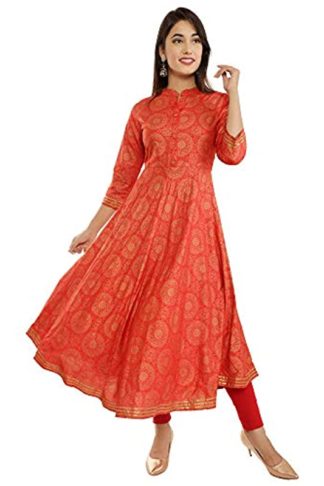 Women's Rayon Gold Printed Anarkali Kurta