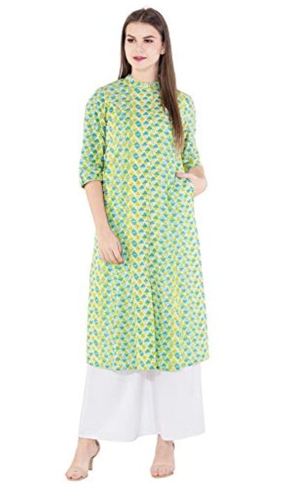 Women Cotton A-Line Kurti(Green) - Image 2