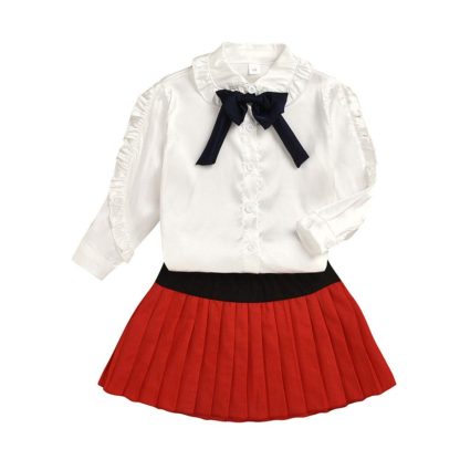 Girls Polyester Bow Applique Full Sleeve Top and Skirt Set in White Color - Image 5