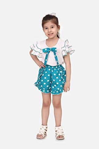 White & Sky Blue Polka Dot Girls Cotton & Polyester Top & Shorts Set