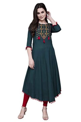 Women's Rayon Regular Embroidered PETROLGREEN Kurta