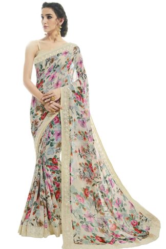 Women's Georgette Pastel Cream Saree with Blouse Piece