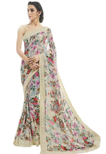 Women's Georgette Pastel Cream Saree with Blouse Piece