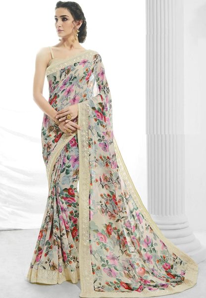 Women's Georgette Pastel Cream Saree with Blouse Piece - Image 3