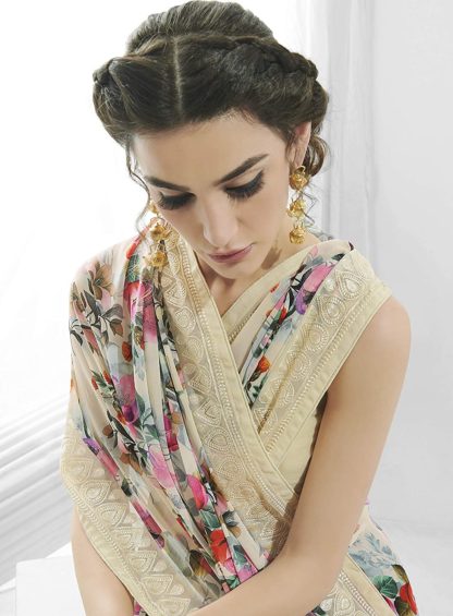 Women's Georgette Pastel Cream Saree with Blouse Piece - Image 4