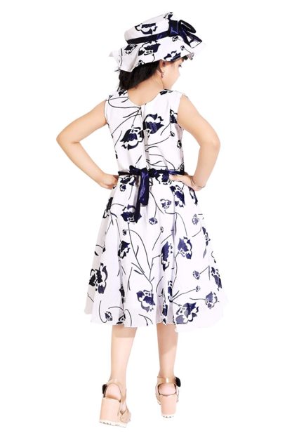 Girl Blue & White Floral Frock with Hat - Image 3