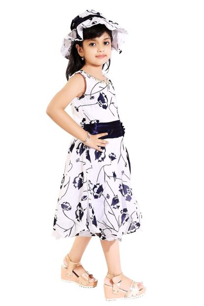 Girl Blue & White Floral Frock with Hat - Image 4