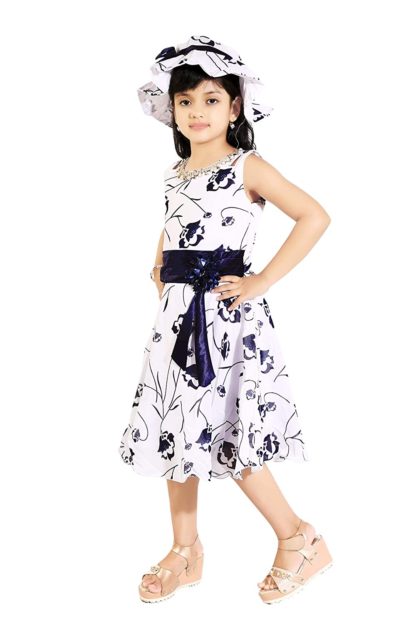 Girl Blue & White Floral Frock with Hat - Image 5