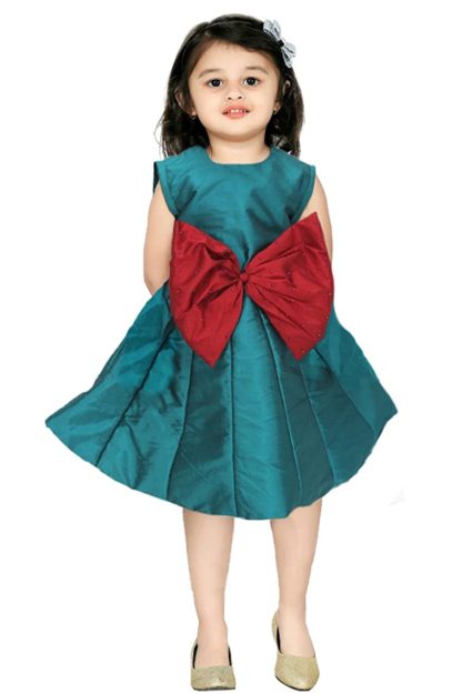 Girls Bottle Green Cotton Silk Light Weight Designer Dress - Image 3