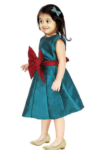 Girls Bottle Green Cotton Silk Light Weight Designer Dress - Image 4