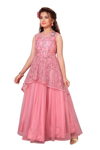 Girls Full Length Mono Net Layred Gown Dress - Image 5