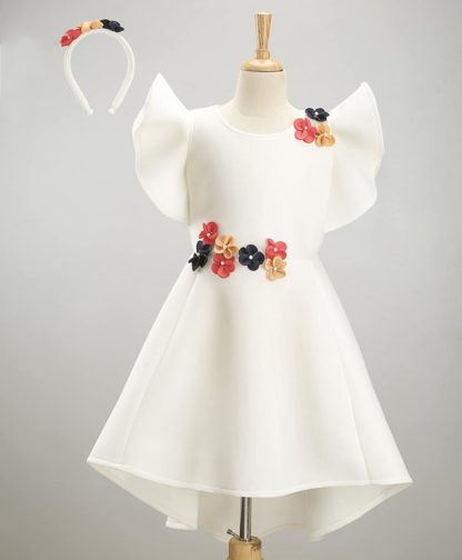 Girls Poly Cotton Low Drop Waist White Dress - Image 3