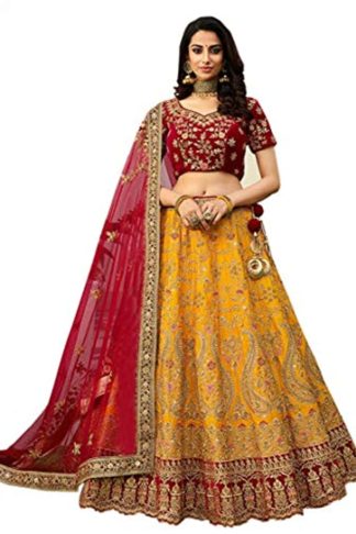 Girl's Silk Embroidered Semi-Stitched Premium Yellow Lehenga Choli Set