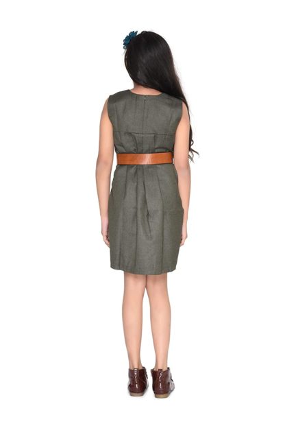 Green Soft Poly Viscose Round Neck Sleeveless Box pleated Design Knee Length Birthday Party Dress Along with Brown Leather Waist Belt - Image 4