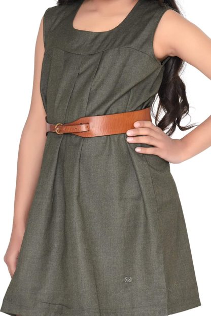 Green Soft Poly Viscose Round Neck Sleeveless Box pleated Design Knee Length Birthday Party Dress Along with Brown Leather Waist Belt - Image 5