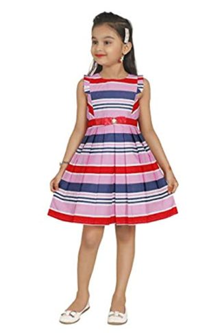 Girl’s Superior Cotton A-Line Dress Knee Length line Printed Sleeveless Frock