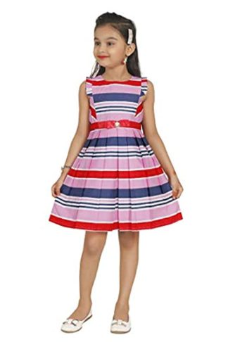 Girl's Superior Cotton A-Line Dress Knee Length line Printed Sleeveless Frock