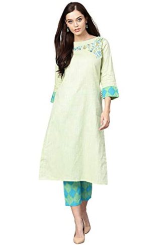 Women’s Cotton A-Line Kurta Set (Green)