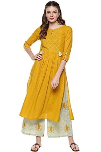Women's Mustard And Sage Green Cotton Kurta Set