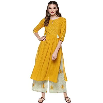 Women's Mustard And Sage Green Cotton Kurta Set - Image 2