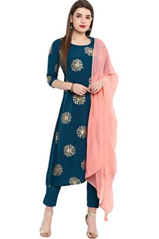 Women's Turquoise Crepe Kurta With Pant And Dupatta