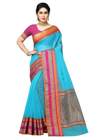 Women's Temple Border Kota Doria Cotton Manipuri Saree with unstitched blouse