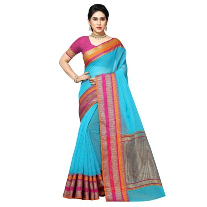 Women's Temple Border Kota Doria Cotton Manipuri Saree with unstitched blouse