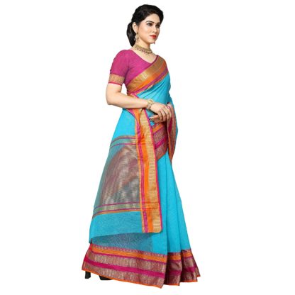 Women's Temple Border Kota Doria Cotton Manipuri Saree with unstitched blouse - Image 4