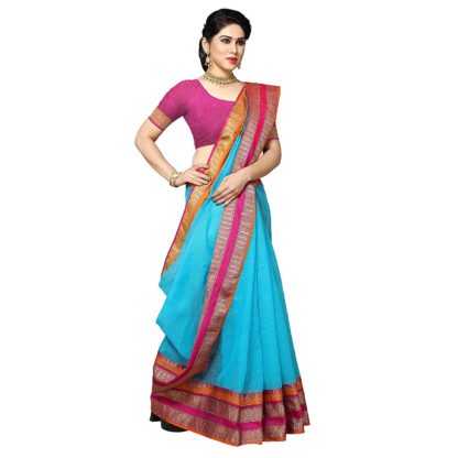 Women's Temple Border Kota Doria Cotton Manipuri Saree with unstitched blouse - Image 8
