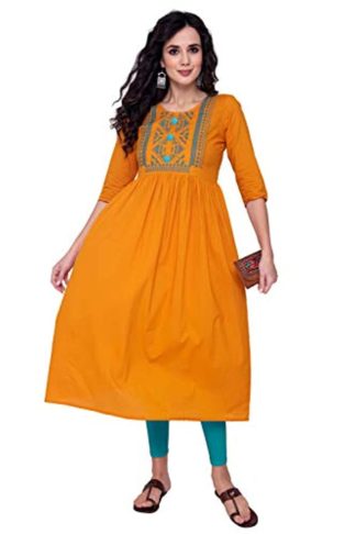 Women's 3/4 Sleeve Pure Cotton A line Embroidery Kurti for Women