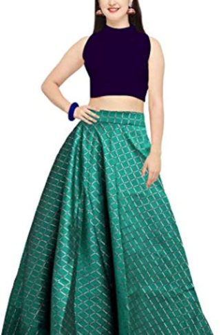 Taffeta Silk Green Checkered Semi-Stitched Lehenga and Crop Top (Free Size)