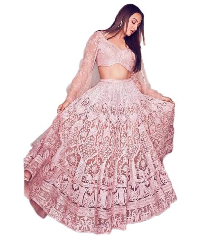 Women’s Net Semi-Stitched Pink Lehenga Choli Set (Free Size)