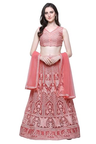 Women’s Net Semi-Stitched Pink Lehenga Choli Set (Free Size)