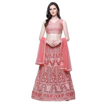 Women’s Net Semi-Stitched Pink Lehenga Choli Set (Free Size)