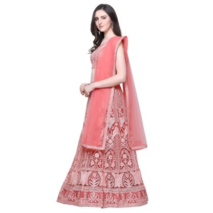 Women’s Net Semi-Stitched Pink Lehenga Choli Set (Free Size)